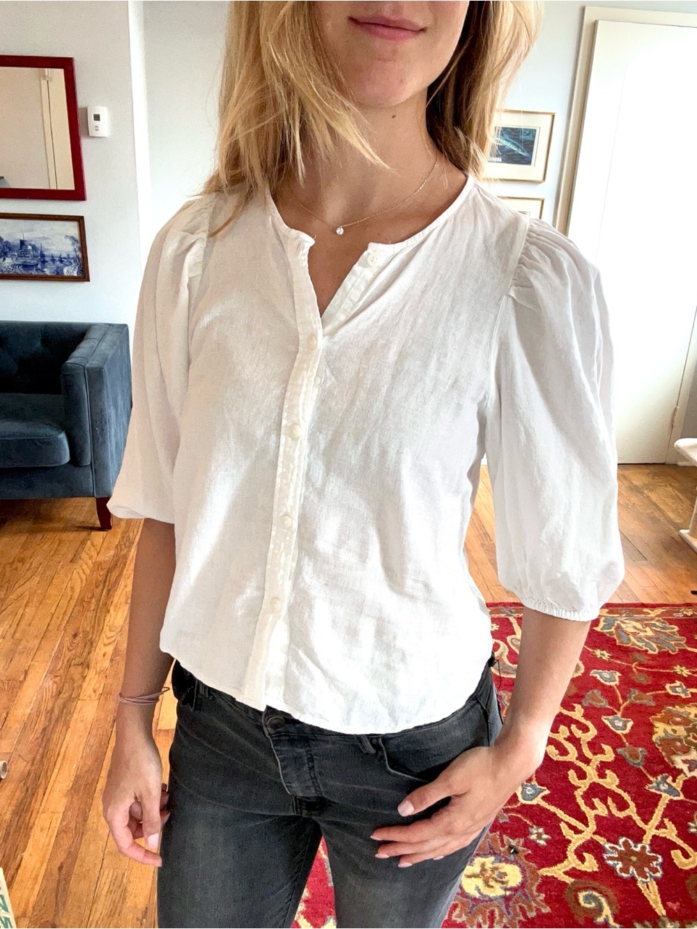 H&M White Linen Puff 3/4 Sleeve Button-Front Blouse